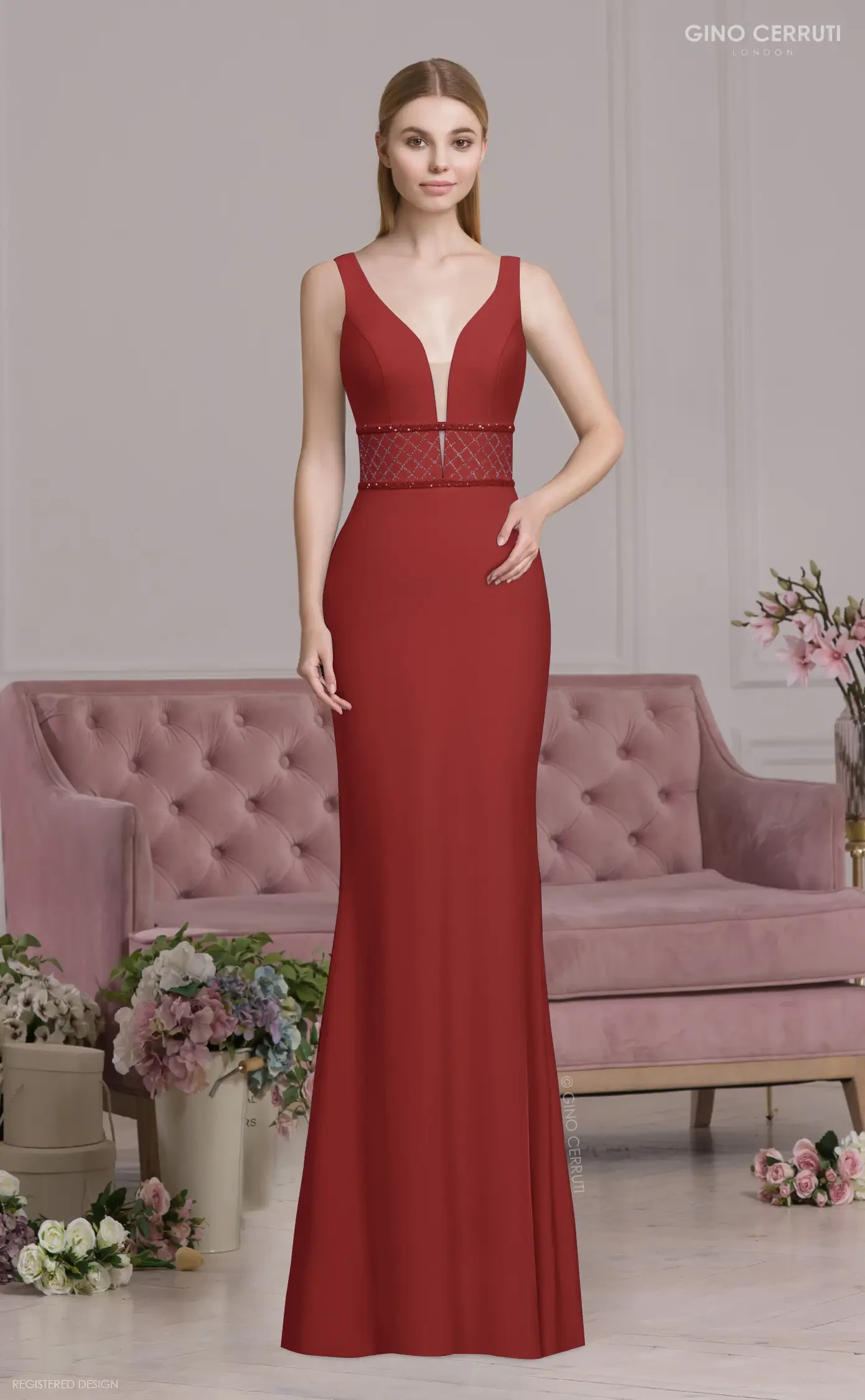 Gino Cerruti 6184S dark red fit and flare prom dress